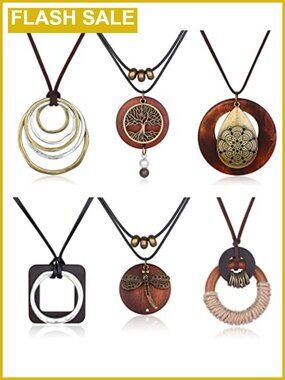 6Pcs Wooden Boho Long Necklaces Set for Women